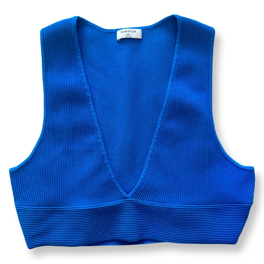 ARITZIA BABATON SCULPT KNIT RIBBED TOP V NECK TANK BLUE‎ SIZE 2X PLUS CROPPED